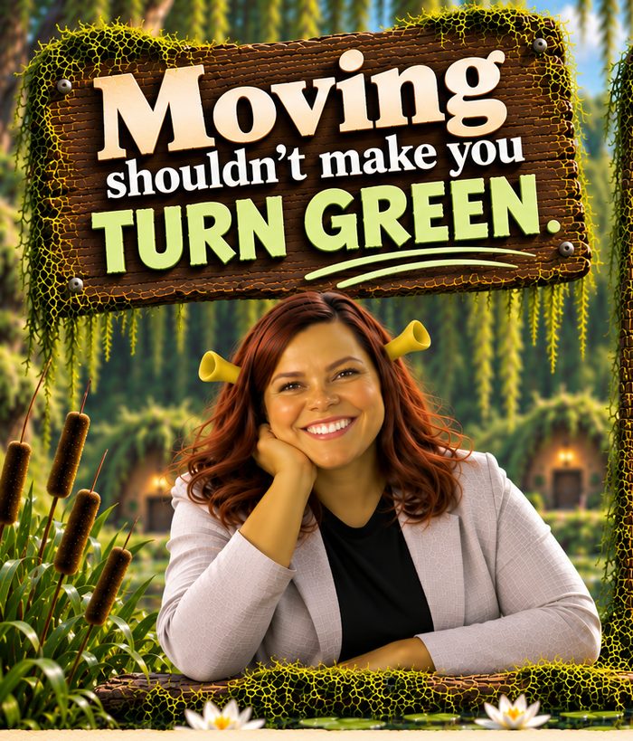Katie Pache, Coldwell Banker Realty agent, in front of a wooden sign that reads Moving shouldn't make you turn green